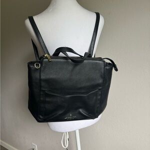 London Fog Stylish Black Faux Leather Convertible Backpack Bag Sleek Travel City